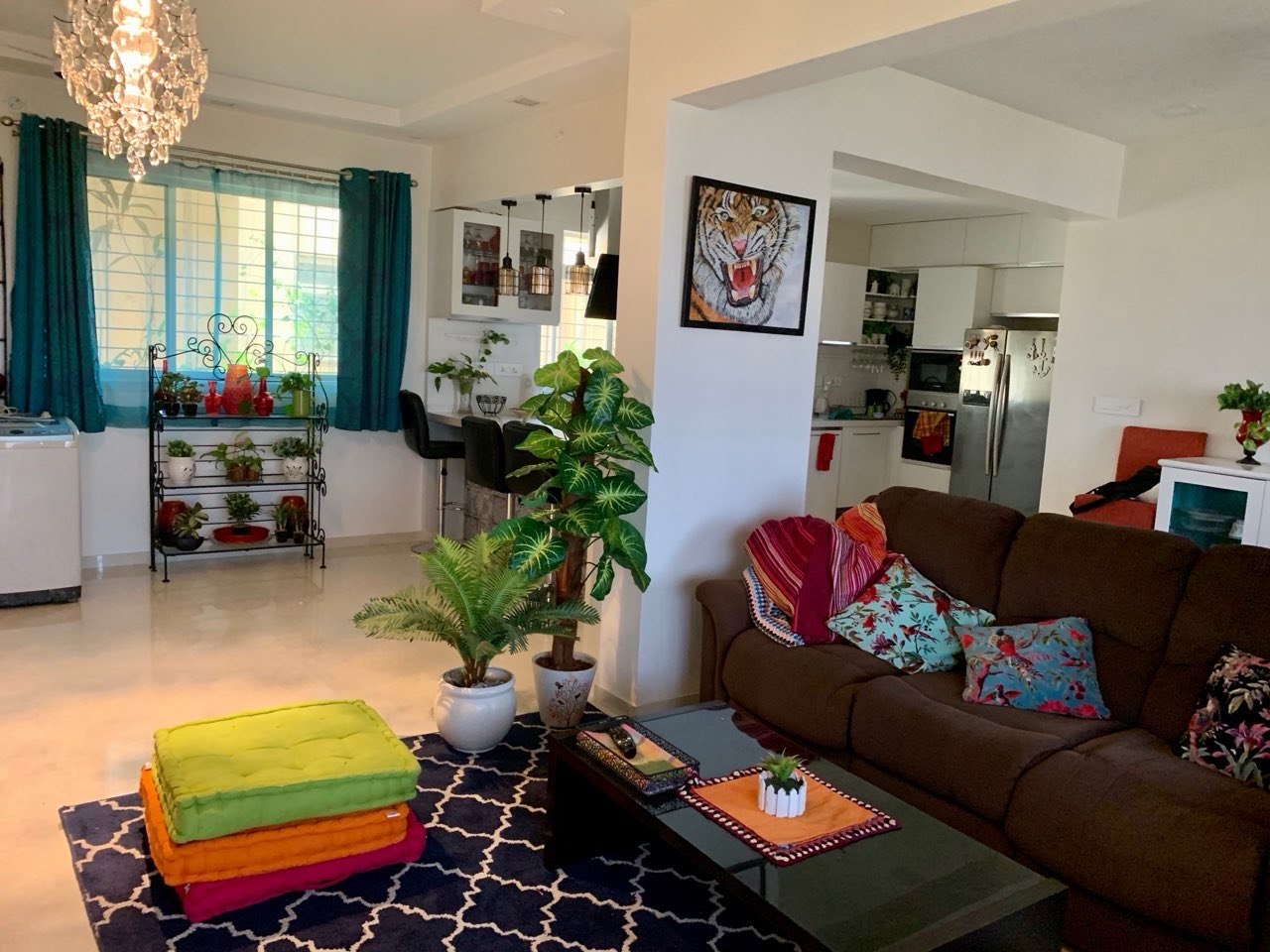 A quiet corner of the Happiness Studio: tiger painting, bougainvillea, hanging plants, magenta cushion on a grey sofa